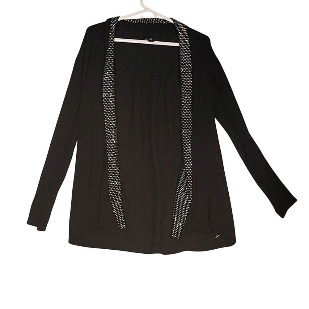 80 PARK City Black Cardigan Rhinestone Trim‎ Open Front Lightweight S oversized